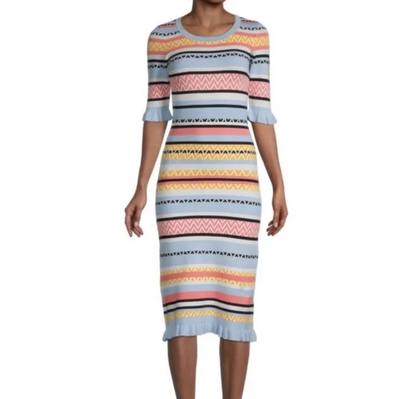 NWT Betsey Johnson midi knit striped multicolor dress ruffle trim - Picture 4 of 6